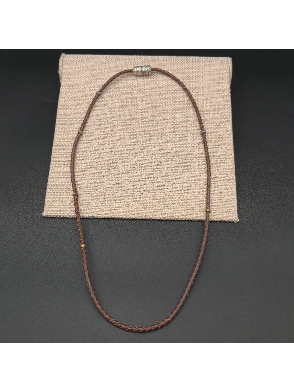 29 Inch Sterling Silver Southwestern Tribal Barrel Bead Brown Leather Necklace B
